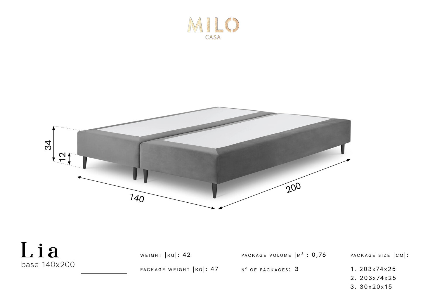 Kušete Milo Casa Lia 140x200, gaiši pelēka/melna cena un informācija | Gultas | 220.lv