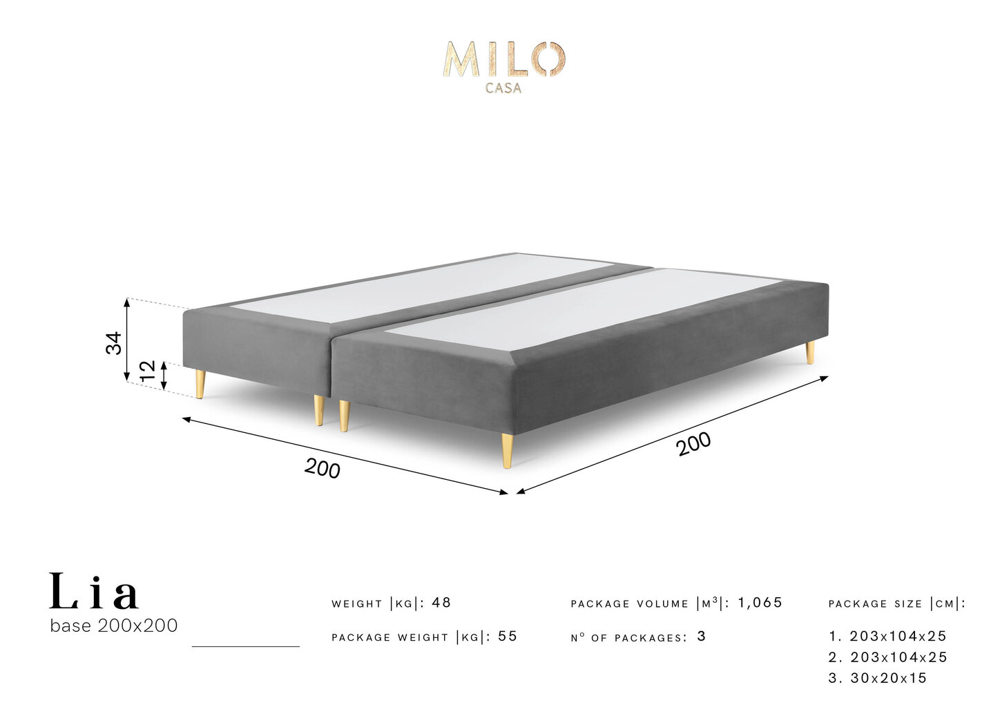 Kušete Milo Casa Lia 200x200, tumši pelēka цена и информация | Gultas | 220.lv