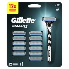 Komplekts Gillette Mach3: skuveklis, 1 gab. + Skuvekļu galviņas, 12 gab. цена и информация | Косметика и средства для бритья | 220.lv