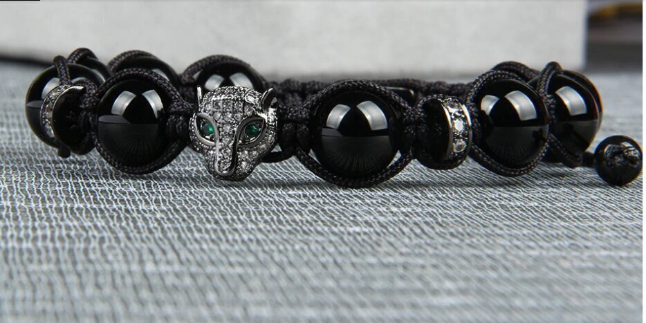 Leoparda pinuma pantera rokassprādze ar 10mm dabīga melna oniksa akmens pērlēm cena un informācija | Vīriešu rotaslietas | 220.lv