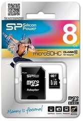 Silicon Power atmiņas karte microSDHC 8GB Class 10 + adapteris cena un informācija | Atmiņas kartes mobilajiem telefoniem | 220.lv