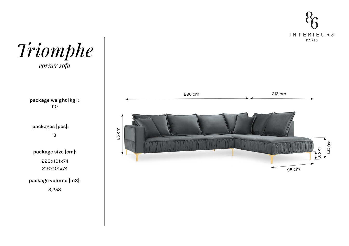 Stūra dīvāns Interieurs86 Triomphe, melns/zeltains cena un informācija | Stūra dīvāni | 220.lv