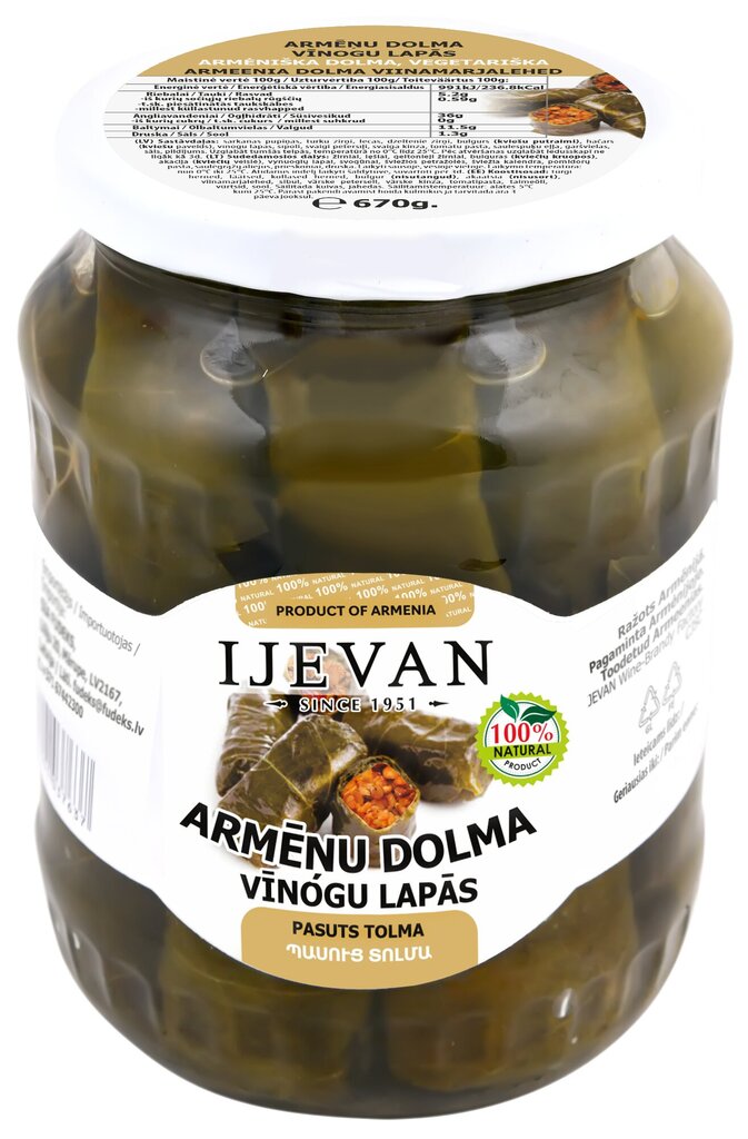 IJEVAN Armēņu Dolma Vīnogu lapās Veģetārā 670g cena un informācija | Konservēti produkti | 220.lv