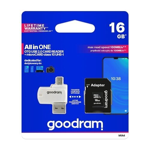 Goodram All In One 16GB Class 10/UHS 1 + Adapter + USB Reader cena un informācija | USB Atmiņas kartes | 220.lv