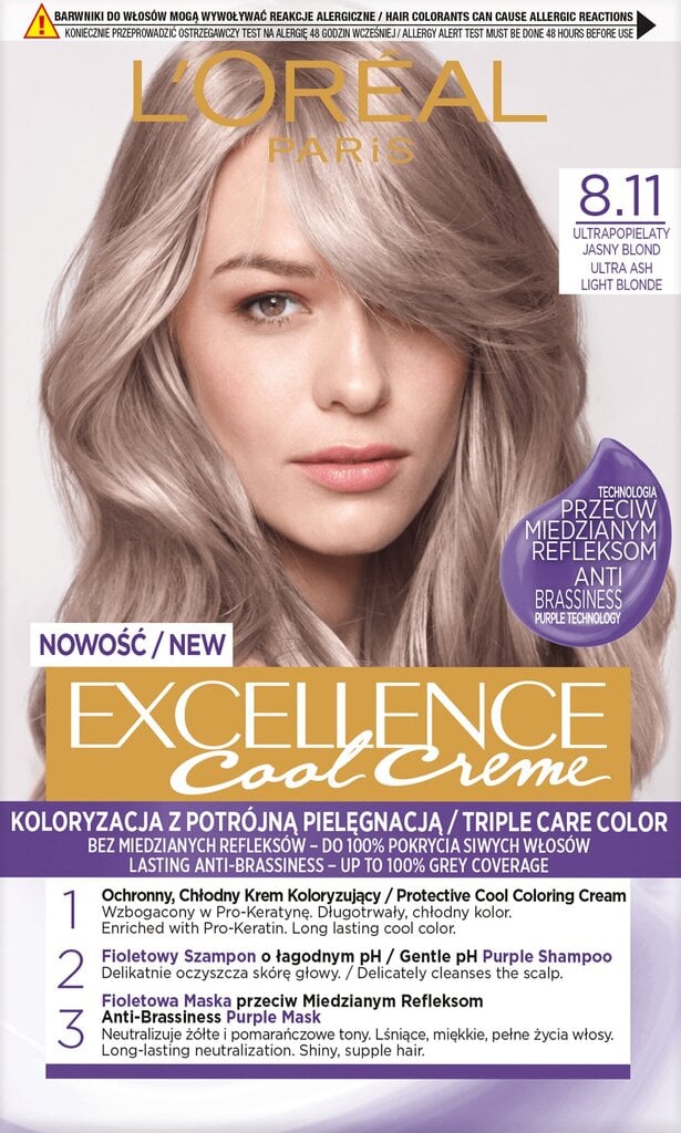Matu krāsa L'Oréal Paris Excellence Cool Creme, 8.11 Ultra Gaiša pelnu blondīne cena un informācija | Matu krāsas | 220.lv