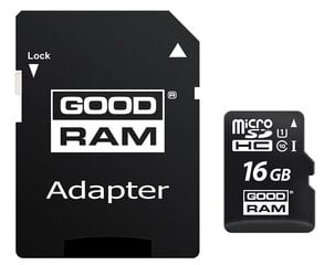 Atmiņas karte Goodram MicroSD 16GB Class 10/UHS 1 + Adapteris SD cena un informācija | USB Atmiņas kartes | 220.lv