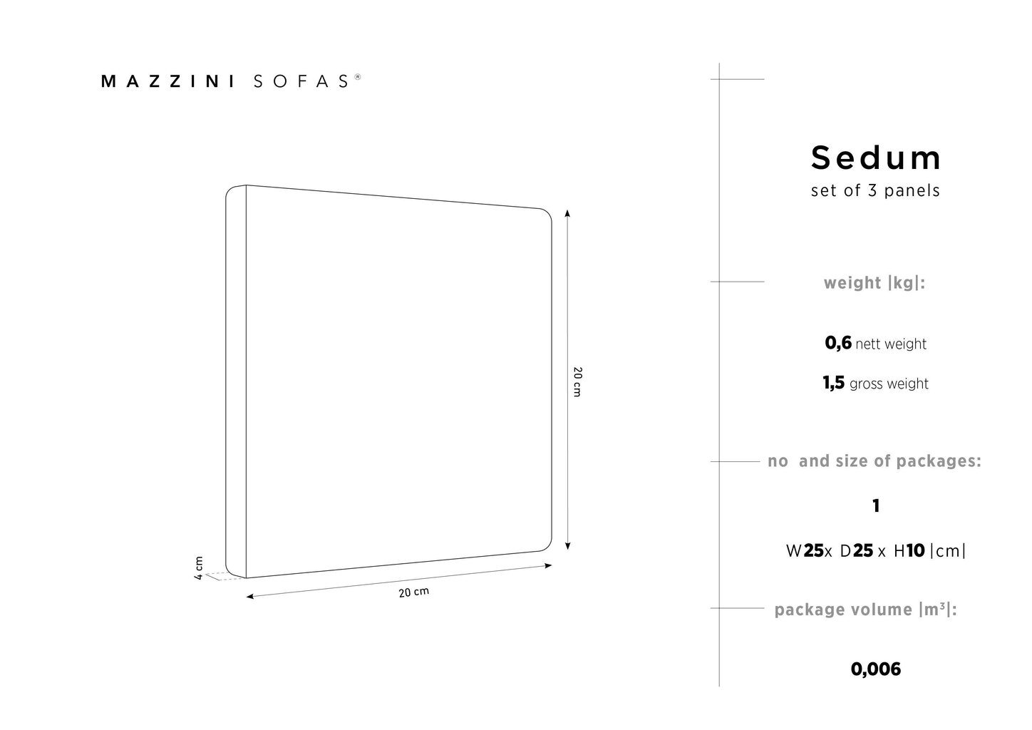 Mīkstas sienas plāksnes, 3 gab., Mazzini Sofas Sedum R1, dzeltenas cena un informācija | Mīkstie sienas paneļi | 220.lv