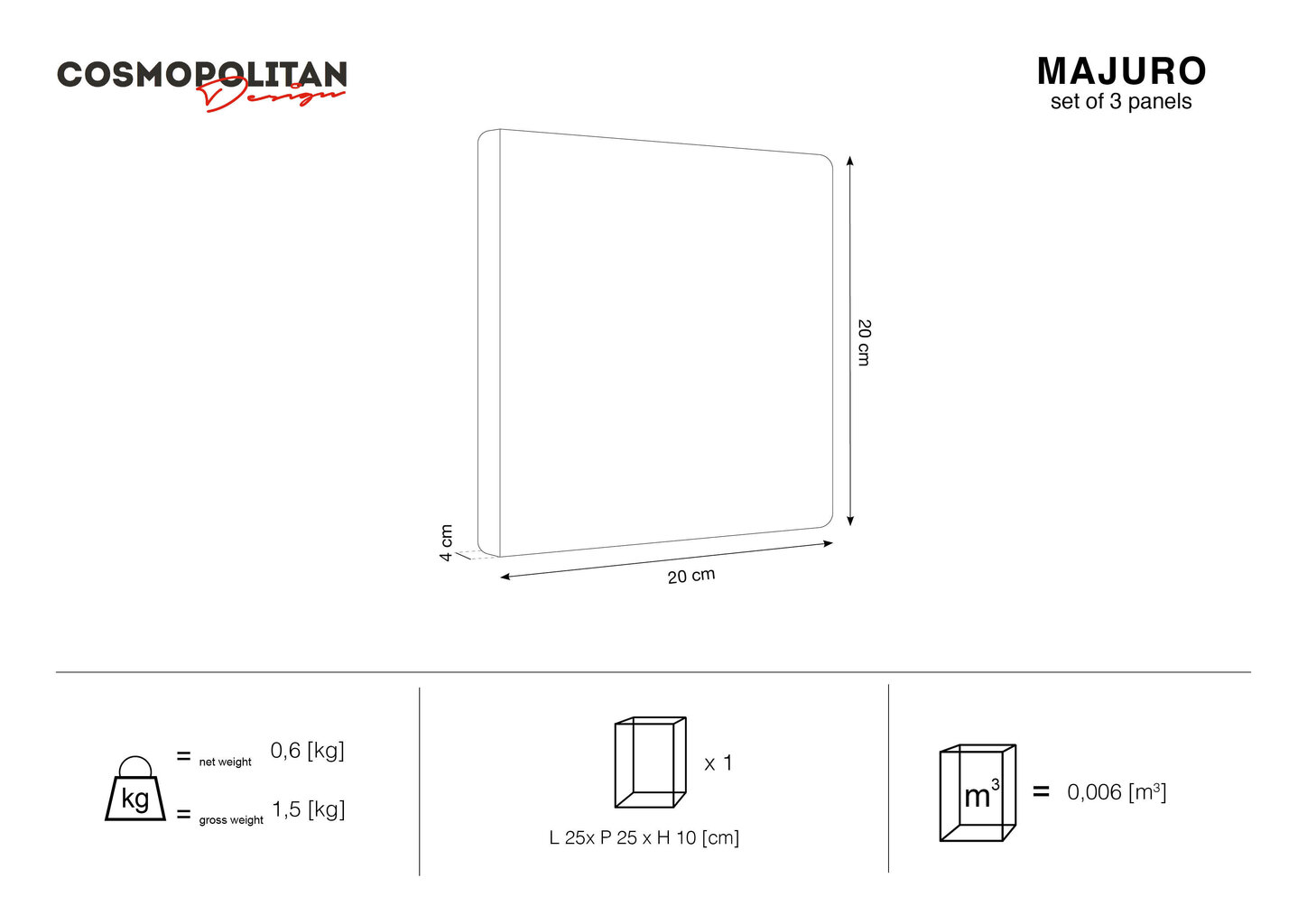 Mīkstas sienas plāksnes, 3 gab., Cosmopolitan Design Majuro R4, melnas цена и информация | Mīkstie sienas paneļi | 220.lv