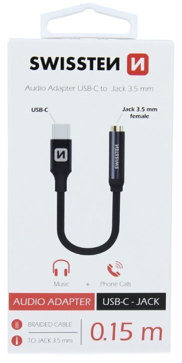 Swissten USB-C uz 3.5mm Audio Adapteris Telefoniem 15 cm Melns цена и информация | Adapteri un USB centrmezgli | 220.lv