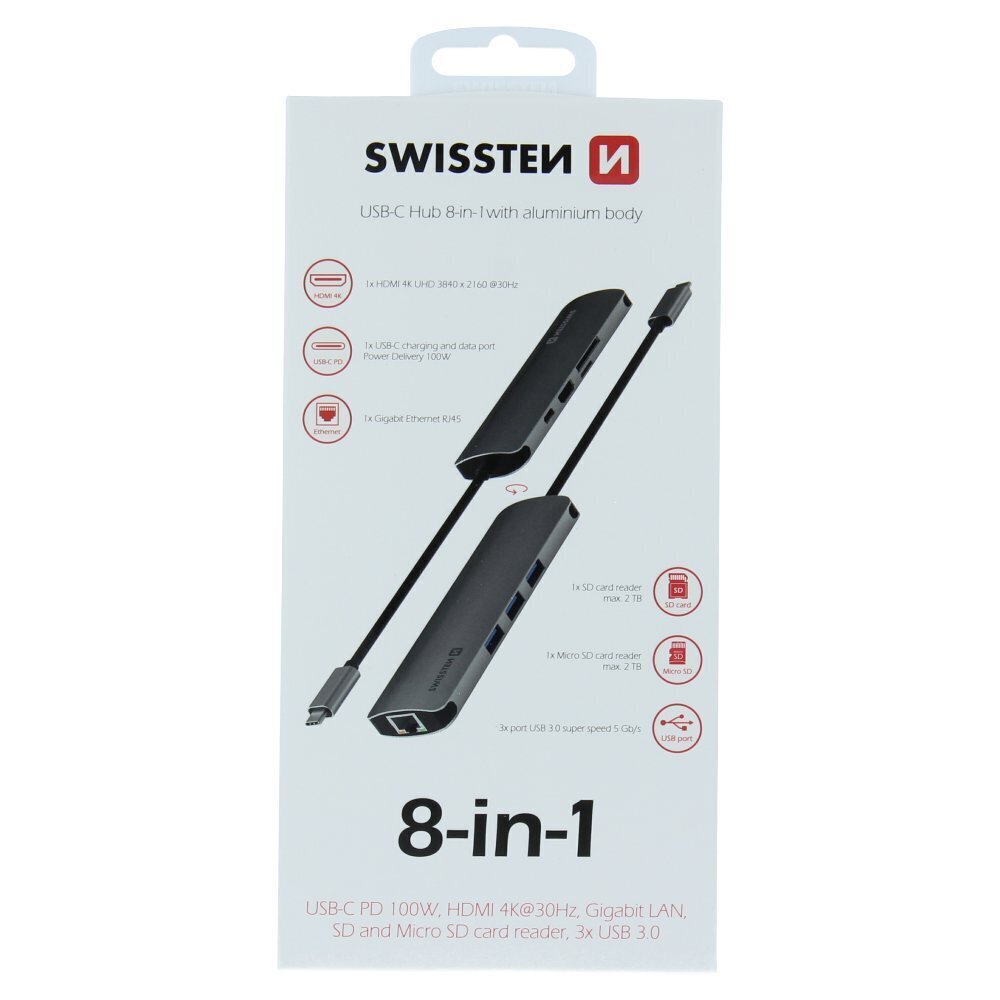 Swissten USB-C Sadalītājs 8in1 ar 3X USB 3.0 / 1X USB-C Power Delivery / 1X microSD / 1X SD / 1x HDMI 4K / 1x LAN RJ45 / Alumīnija korpuss цена и информация | Adapteri un USB centrmezgli | 220.lv