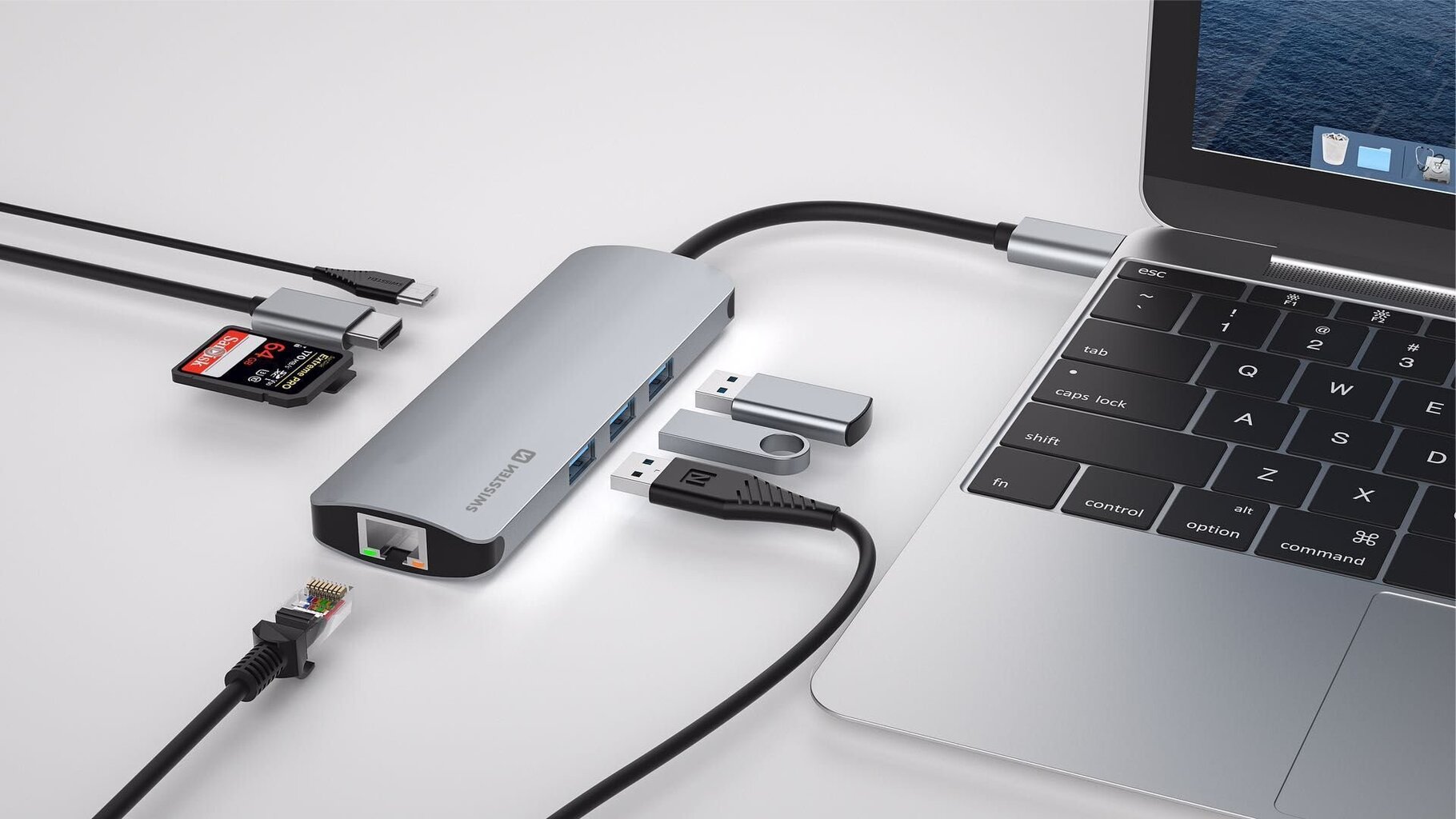 Swissten USB-C Sadalītājs 8in1 ar 3X USB 3.0 / 1X USB-C Power Delivery / 1X microSD / 1X SD / 1x HDMI 4K / 1x LAN RJ45 / Alumīnija korpuss цена и информация | Adapteri un USB centrmezgli | 220.lv