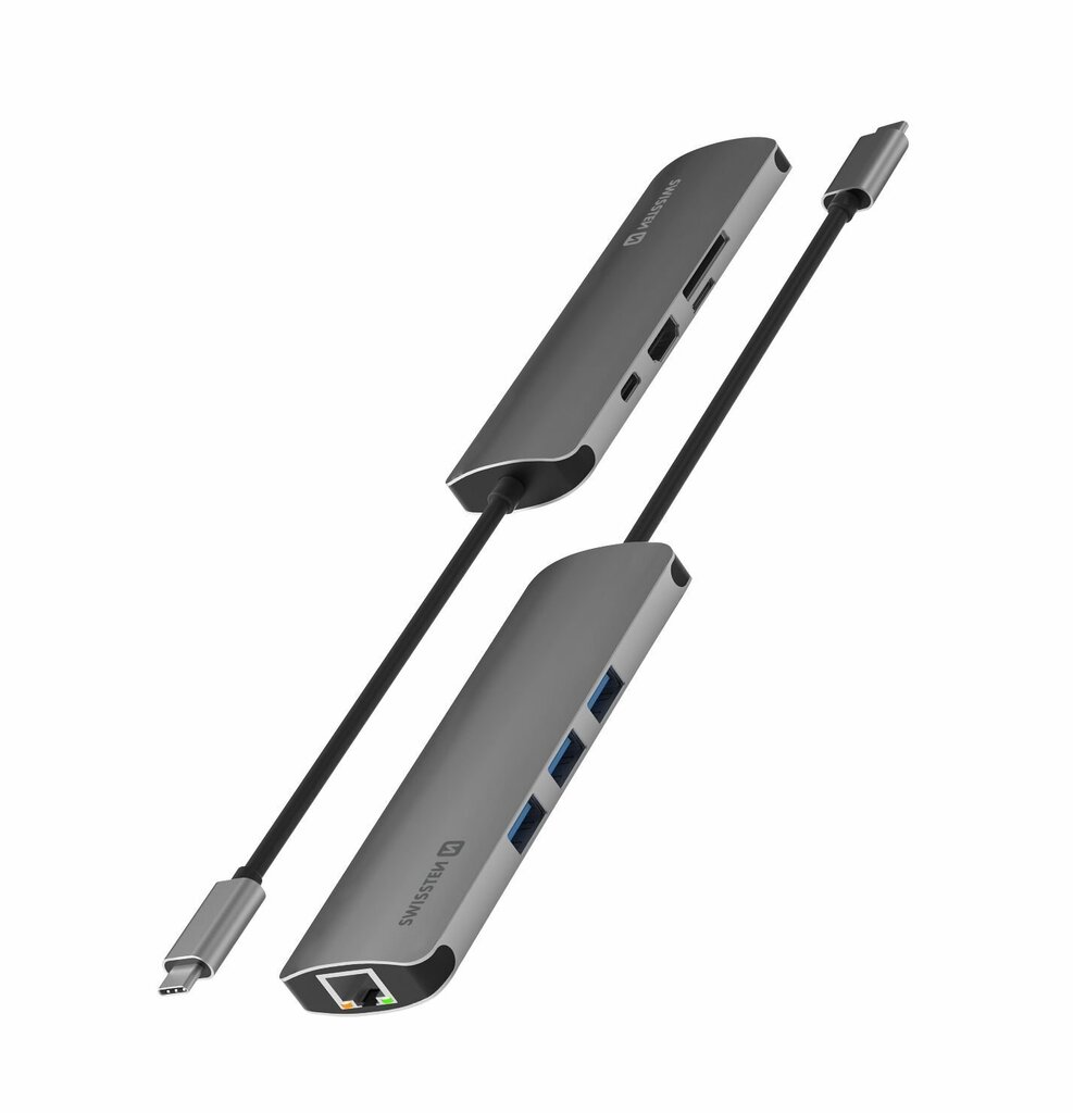 Swissten USB-C Sadalītājs 8in1 ar 3X USB 3.0 / 1X USB-C Power Delivery / 1X microSD / 1X SD / 1x HDMI 4K / 1x LAN RJ45 / Alumīnija korpuss цена и информация | Adapteri un USB centrmezgli | 220.lv