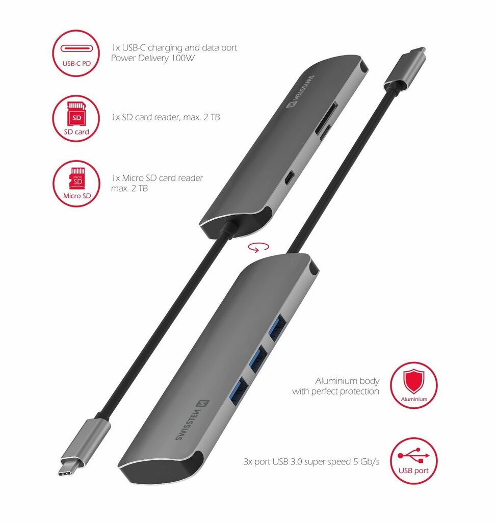 Swissten USB-C Sadalītājs 6in1 ar 3X USB 3.0 / 1X USB-C Power Delivery / 1X microSD / 1X SD / Alumīnija korpuss cena un informācija | Adapteri un USB centrmezgli | 220.lv