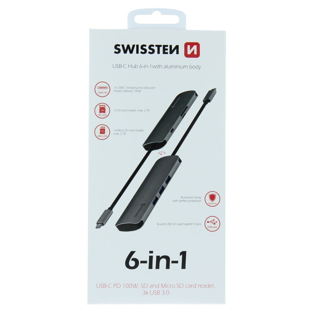 Swissten USB-C Sadalītājs 6in1 ar 3X USB 3.0 / 1X USB-C Power Delivery / 1X microSD / 1X SD / Alumīnija korpuss цена и информация | Adapteri un USB centrmezgli | 220.lv