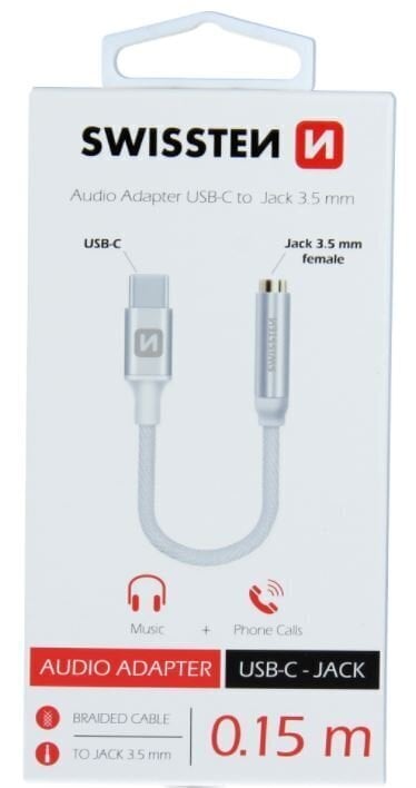 Swissten USB-C uz 3.5mm Audio Adapteris Telefoniem 15 cm Sudraba cena un informācija | Adapteri un USB centrmezgli | 220.lv