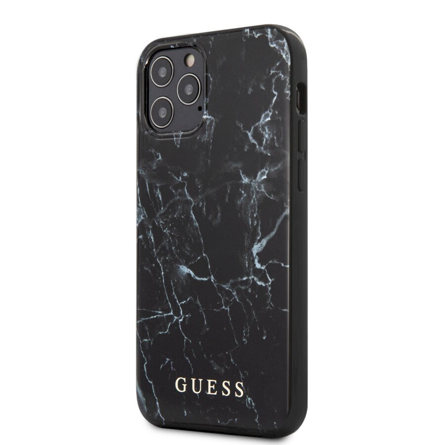 Guess GUHCP12MPCUMABK Marble Aizsargapvalks Apple iPhone 12 / 12 Pro Melns cena un informācija | Telefonu vāciņi, maciņi | 220.lv