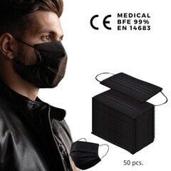 Medicīniskās vienreizlietojamās sejas maskas, melnas BFE 99%, 50 gab. cena un informācija | Pirmā palīdzība | 220.lv