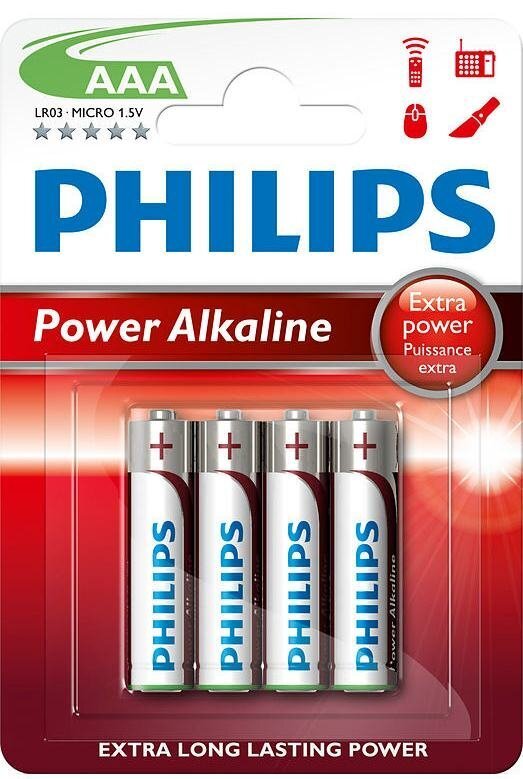 PHILIPS Power Alkaline AAA/R03 B4 elementi цена и информация | Baterijas | 220.lv