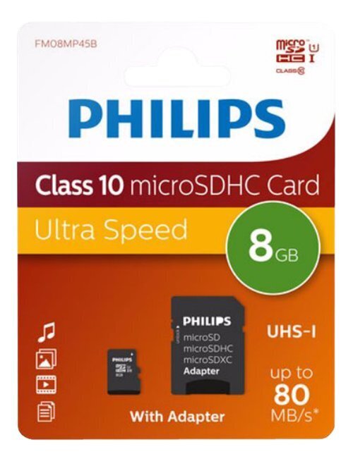 Philips MICROSDHC 8GB CLASS 10/UHS 1 + ADAPTER cena un informācija | Atmiņas kartes mobilajiem telefoniem | 220.lv