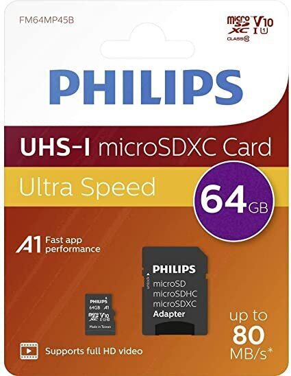 Philips MICROSDXC 64GB CLASS 10/UHS 1 + ADAPTER cena un informācija | Atmiņas kartes mobilajiem telefoniem | 220.lv