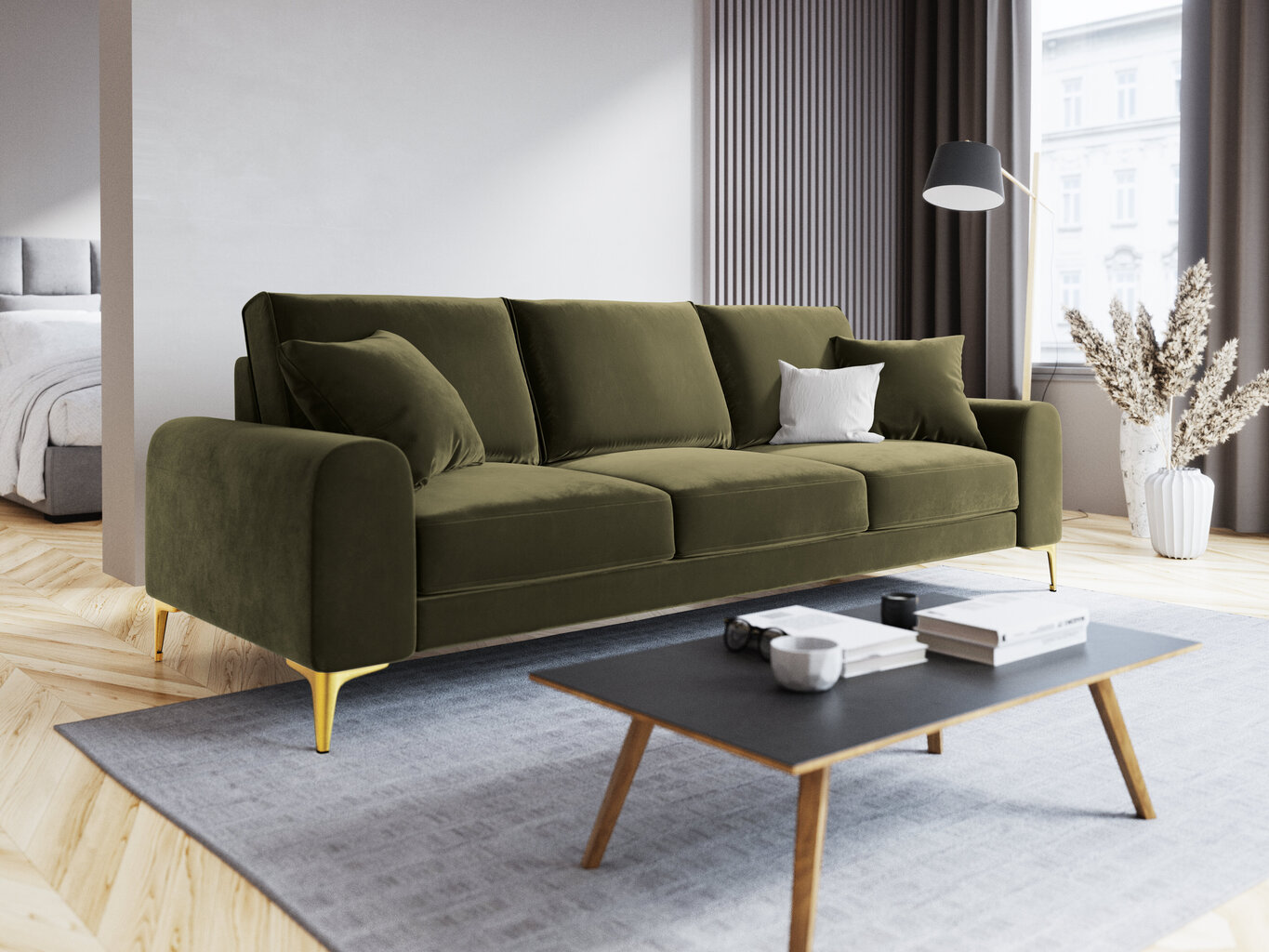 Četrvietīgs dīvāns Mazzini Sofas Madara, zaļš/zeltainas krāsas cena un informācija | Dīvāni | 220.lv