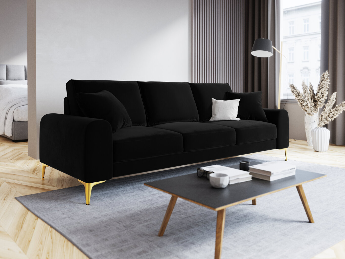 Četrvietīgs dīvāns Mazzini Sofas Madara, melns/zeltainas krāsas cena un informācija | Dīvāni | 220.lv