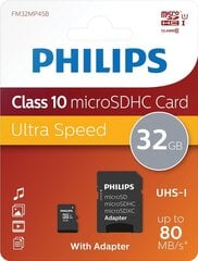 Philips FM32MP45B/10 micro SD 32GB(+ SD adapteris) цена и информация | Карты памяти для фотоаппаратов | 220.lv