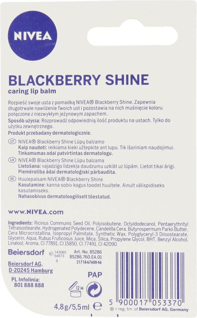 Lūpu zīmulis Nivea Blackberry Shine, 4.8g цена и информация | Lūpu krāsas, balzāmi, spīdumi, vazelīns | 220.lv