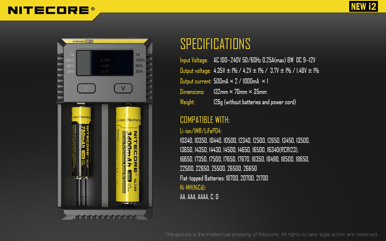 Universāls lādētājs NITECORE I2 IMR \ Li-ion \ Ni-MH \ Ni-Cd MR \ Li-ion \ LiFePO4 \ Ni-MH \ Ni-Cd (AA, AAA, AAAA, C) cena un informācija | Akumulatori, lādētāji un piederumi | 220.lv