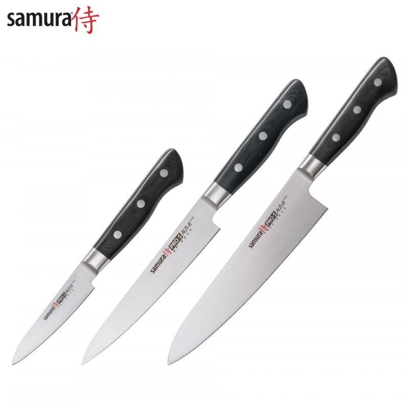 Samura PRO-S Komplekts no 3 nažiem: Paring 88mm / Utility 145mm / European Chef's 200mm no AUS 8 Japāņu tērauda 58 HRC cena un informācija | Naži un to piederumi | 220.lv