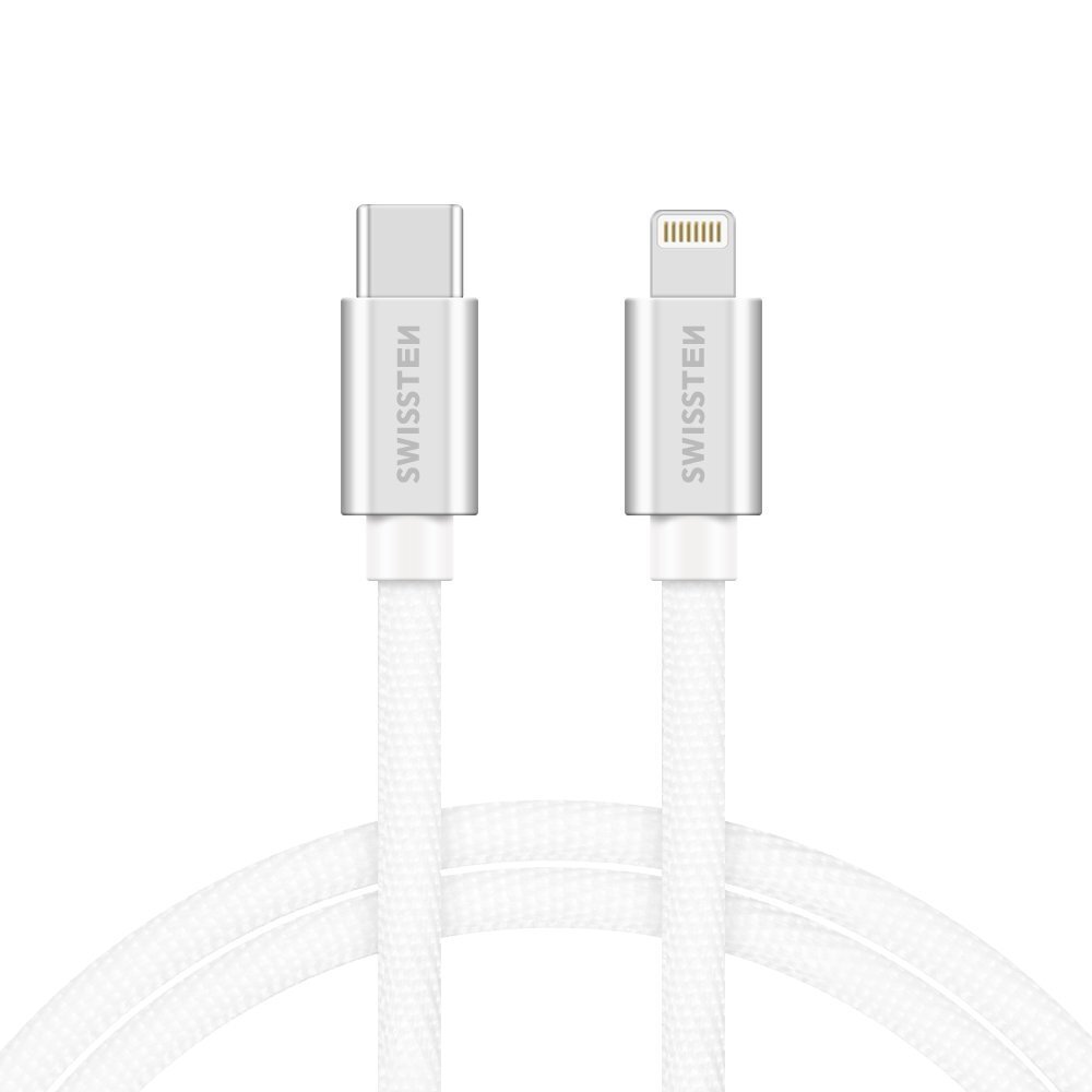 Universāls Quick Charge 3.1 USB-C uz Lightning datu un uzlādes Kabelis 1.2m Swissten Textile, sudraba cena un informācija | Kabeļi un vadi | 220.lv