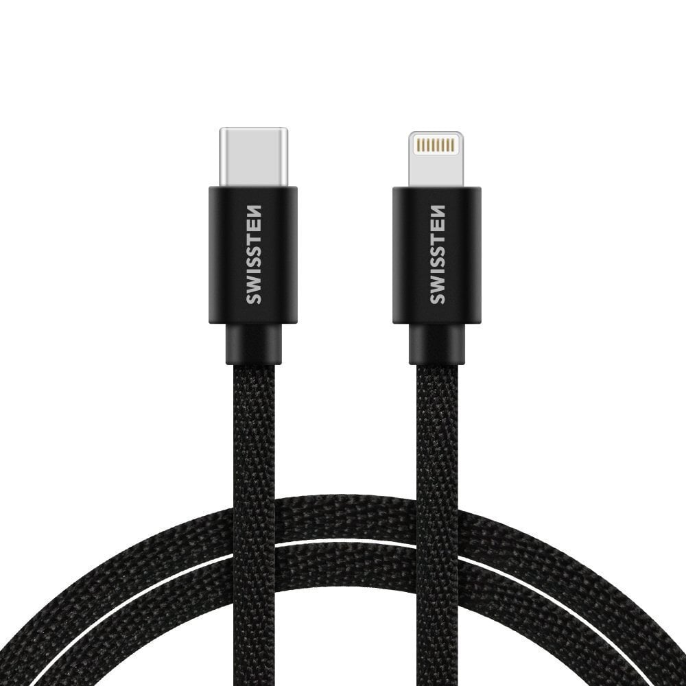 Universāls datu un uzlādes Kabelis Quick Charge 3.1 USB-C uz Lightning 1.2m Swissten Textile, melns цена и информация | Kabeļi un vadi | 220.lv