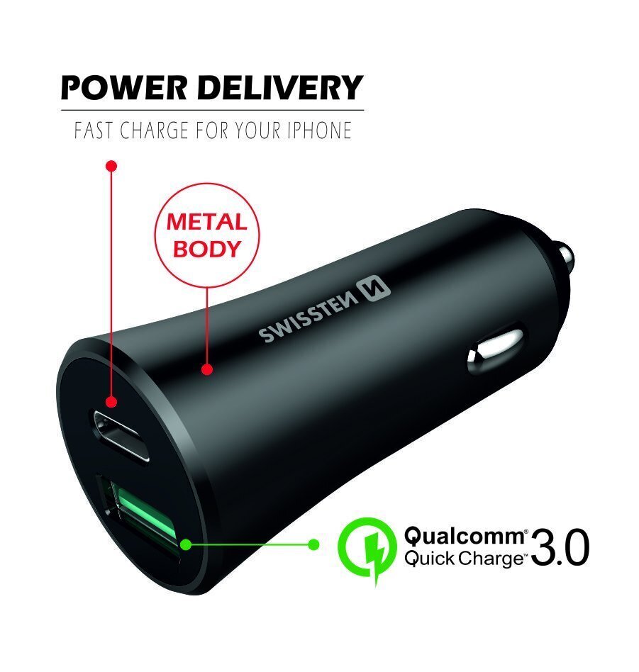 Metāla auto lādētājs mobīlajiem telefoniem un planešetdatoriem ar Power Delivery USB-C + Quick Charge 3.0 / 36W / Swissten, melns cena un informācija | Lādētāji un adapteri | 220.lv