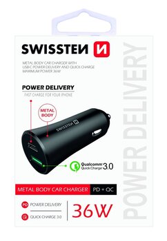 Автомобильное зарядное устройство c USB-C + Quick Charge Swissten Mеталл 3.0 / 36Вт / черное цена и информация | Зарядные устройства для телефонов | 220.lv