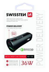 Автомобильное зарядное устройство c USB-C + Quick Charge Swissten Mеталл 3.0 / 36Вт / черное цена и информация | Зарядные устройства для телефонов | 220.lv