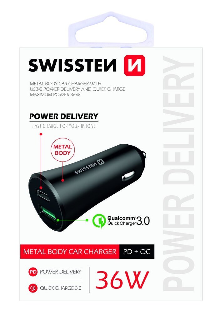 Metāla auto lādētājs mobīlajiem telefoniem un planešetdatoriem ar Power Delivery USB-C + Quick Charge 3.0 / 36W / Swissten, melns cena un informācija | Lādētāji un adapteri | 220.lv