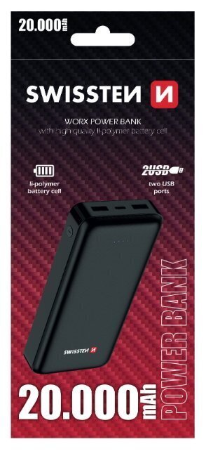 Universāla Ārējas Uzlādes Baterija 2x 2.4А USB / Smart IC / 20000 mAh / Swissten Worx Power Banka, melna cena un informācija | Lādētāji-akumulatori (Power bank) | 220.lv