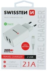 Tīkla Lādētājs 2x USB 2.1A Ar Lightning (MD818) vadu 1.2 m Swissten Smart IC, balts цена и информация | Зарядные устройства для телефонов | 220.lv