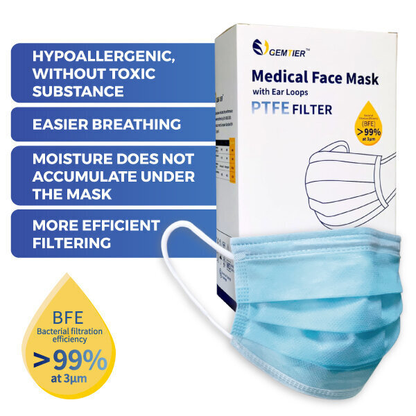 Medicīniskā maska ar NANO PTFE filtru, 50 gab., BFE / VFE 99,9% cena |  220.lv