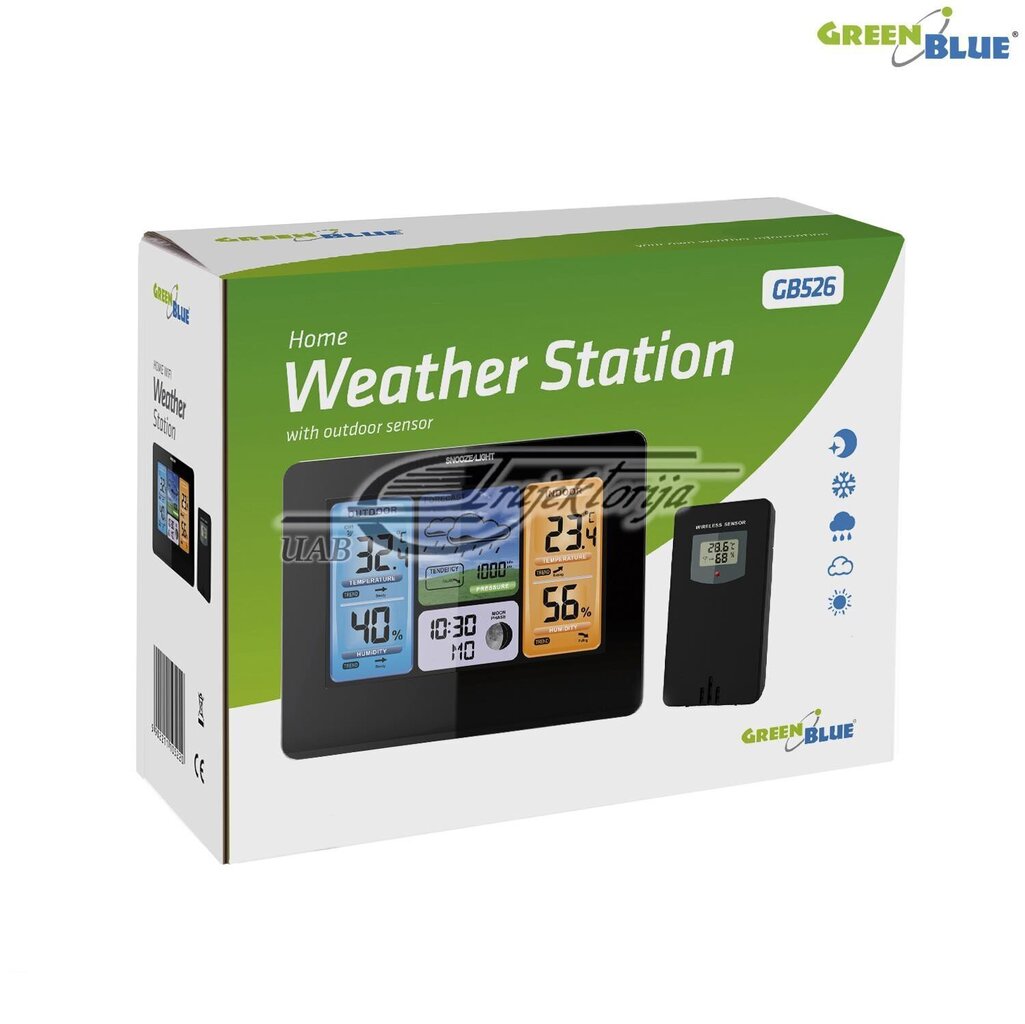 Bezvadu krāsaina meteoroloģiskā stacija GreenBlue ar DCF sistēmu (GB526) цена и информация | Meteostacijas, āra termometri | 220.lv
