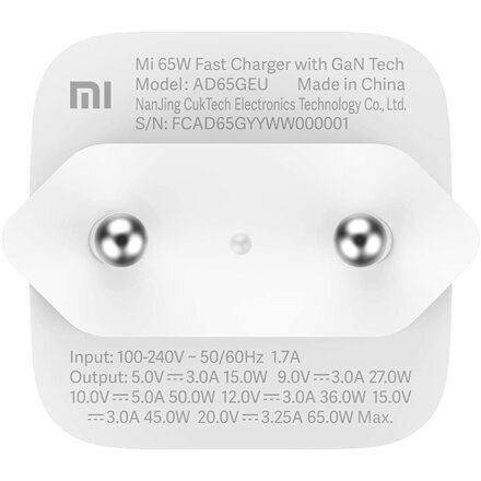 Xiaomi Mi 65W ātrais lādētājs ar GaN tehnoloģiju ES balts BHR4499GL цена и информация | Lādētāji un adapteri | 220.lv