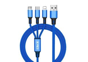 iLike CCI02BE Pīta auduma izturīgs USB 3in1 Kabelis ar USB uz Micro USB / Lightning / Type-C 1m Zils cena un informācija | Savienotājkabeļi | 220.lv