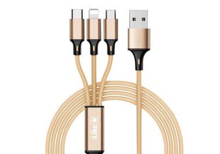 iLike CCI02 Pīta auduma izturīgs USB 3in1 Kabelis ar USB uz Micro USB / Lightning / Type-C 1m Zelta cena un informācija | Savienotājkabeļi | 220.lv