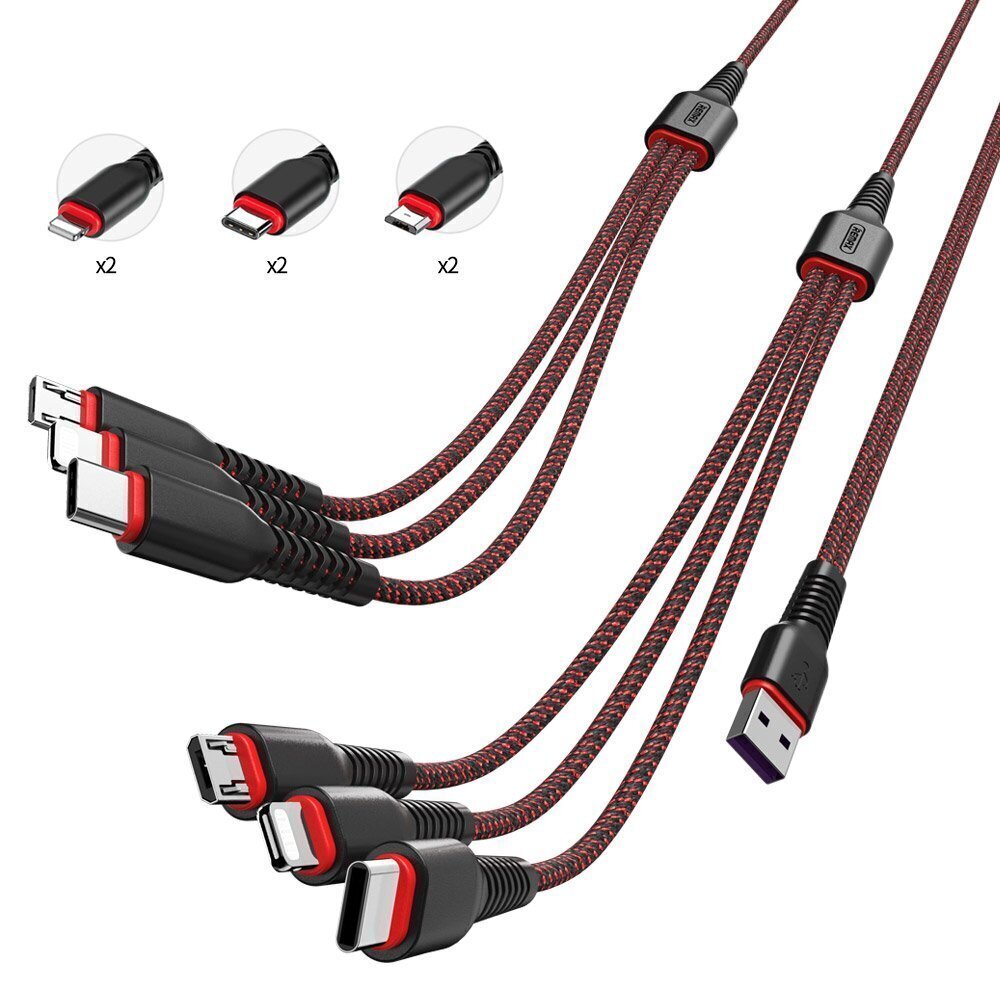 6 in 1 lādēšanas vads "Remax RC-153" USB / Type C + 2 x Lightning, 2 x micro USB dubultais vads telefonam, 1m + 2m, 5A, melns цена и информация | Savienotājkabeļi | 220.lv