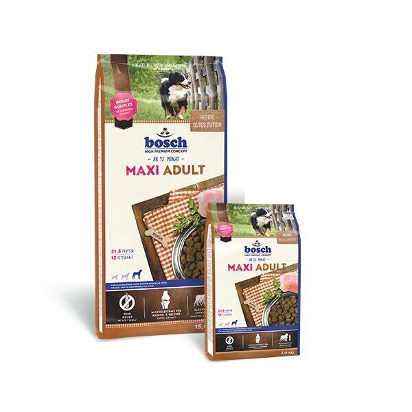 Bosch Petfood Adult Maxi (High Premium) sausā barība suņiem 15kg + 3kg. cena un informācija | Sausā barība suņiem | 220.lv