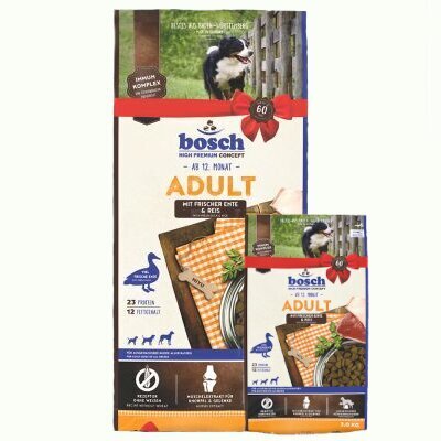 Bosch HPC barība ar pīli un rīsiem pieaugušiem suņiem 15kg + 3kg cena un informācija | Sausā barība suņiem | 220.lv