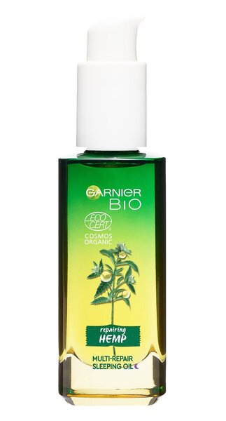 Atjaunojoša nakts sejas eļļa ar E vitamīnu Garnier Bio Repairing Hemp Multi-Repair Sleeping Oil, 30 ml cena un informācija | Serumi sejai, eļļas | 220.lv