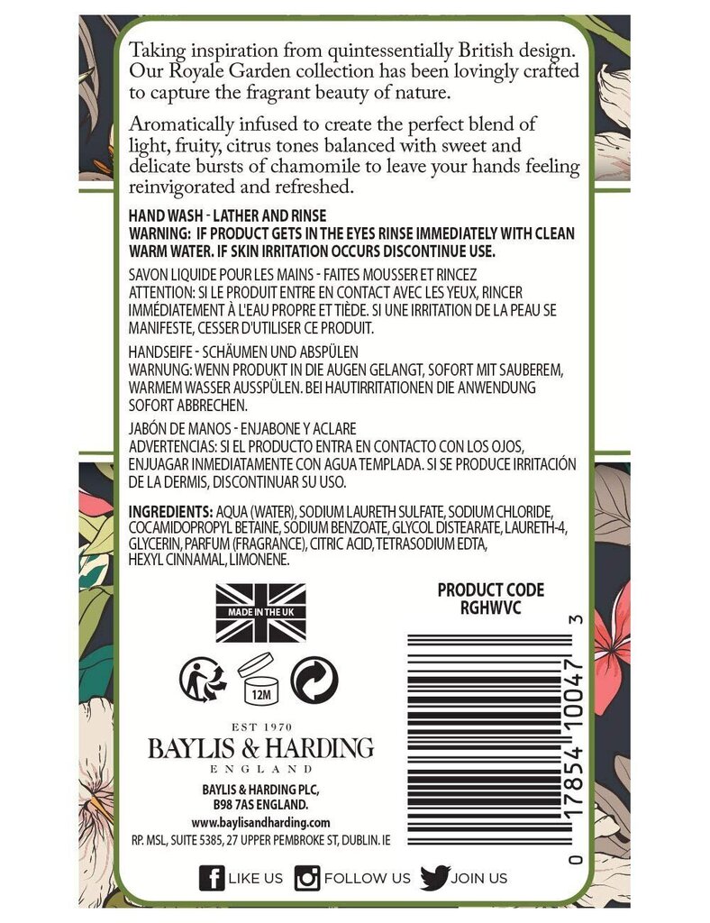 Šķidrās ziepes Baylis & Harding Royale, 500 ml cena un informācija | Ziepes | 220.lv