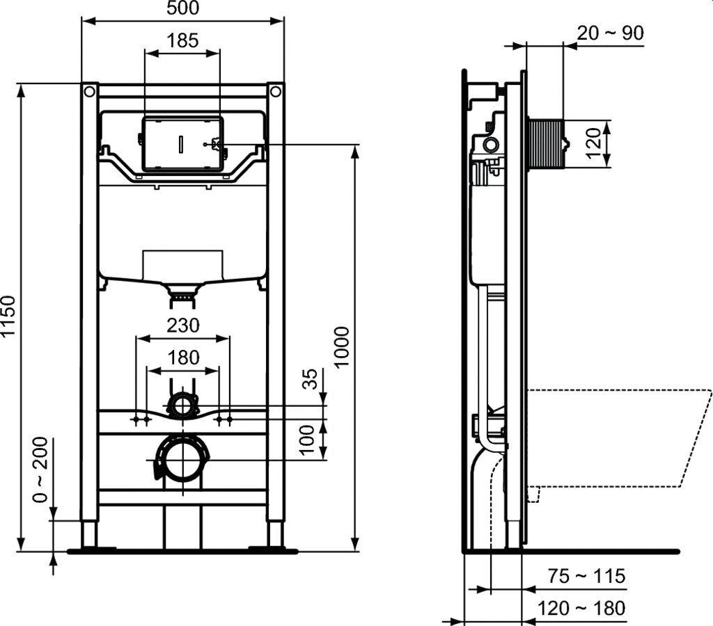 Pie sienas piestiprināms tualetes komplekts ar rāmi Komplektā ietilpst Ideal Standard Connect Air AquaBlade tualetes pods ar nolaižamu vāku un slēptu Prosys 120M sistēmu, kā arī balta tualetes poda poga. cena un informācija | Tualetes podi | 220.lv