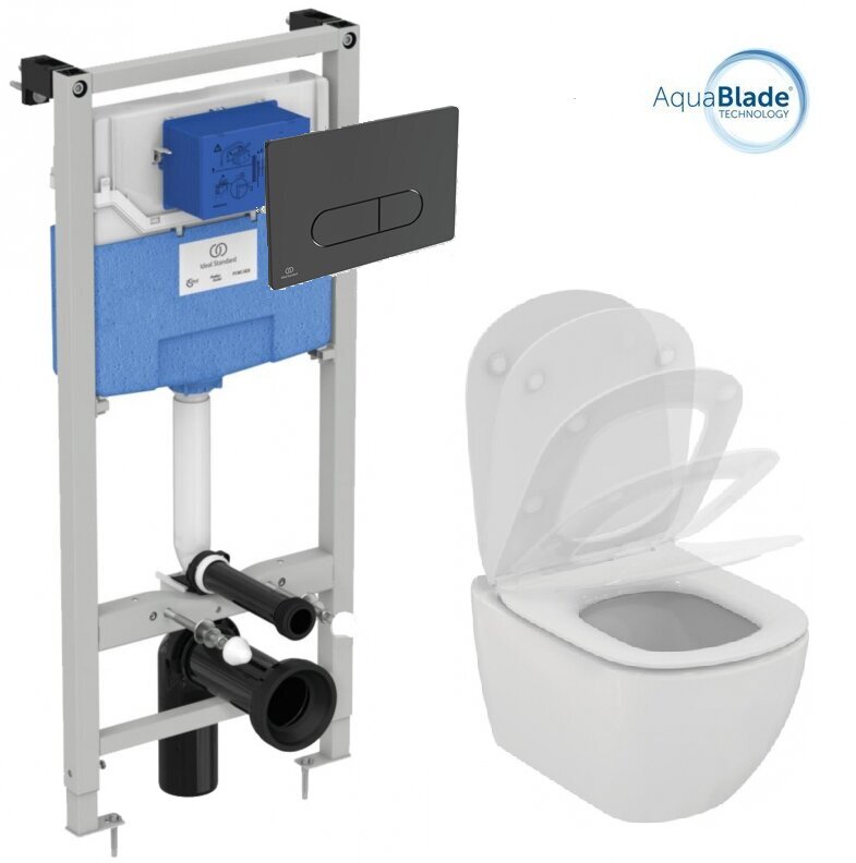 Pie sienas piestiprināms tualetes komplekts ar rāmi Komplektā ir tualetes  pods Ideal Standard Tesi AquaBlade ar lēni nolaižamu vāku, slēptu Prosys  120M sistēmu un melnu tualetes poda pogu. cena | 220.lv
